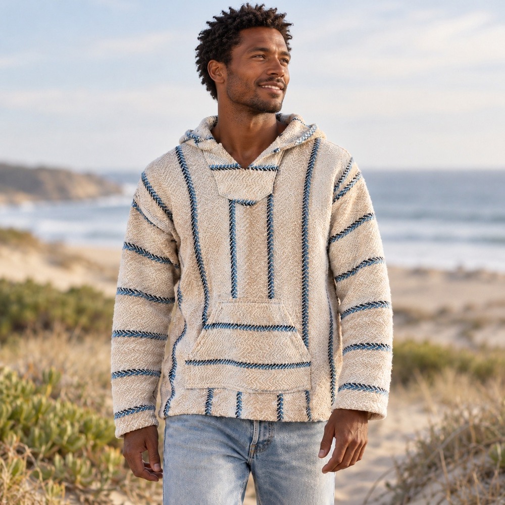 Baja Joe Hoodie Cotton Blend Mens S Cream Blue Striped Woven Pullover Surfer